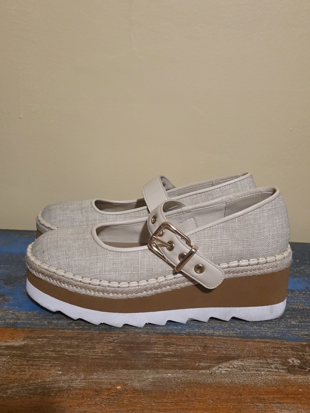 Chelsea & Violet Natural Beige Platform Mary Jane Espadrilles